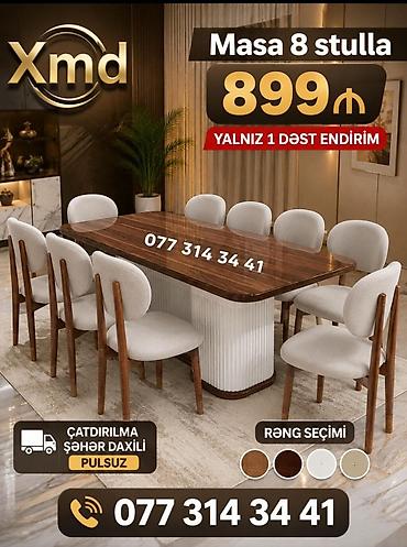 dekor sekilleri: Masa və 8 ədəd stul dəsti - Dəst: 1 ədəd geniş yemək masası + 8 ədəd — 1