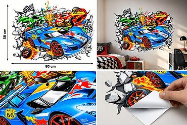 hot wheels mega perionica: 3D Zidna Nalepnica Trkački Automobili - 2883 3D Zidna Nalepnica — 2