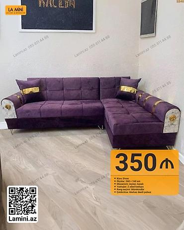 Divanlar: Künc divan – bənövşəyi parçalı, qızılı detallı dizayn. Xüsusiyyətlər — 1