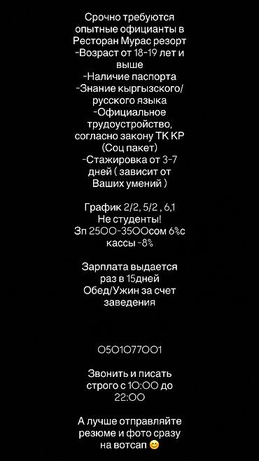 bell boy: Требуется Официант 1-2 года опыта, Оплата: Дважды в месяц — 3