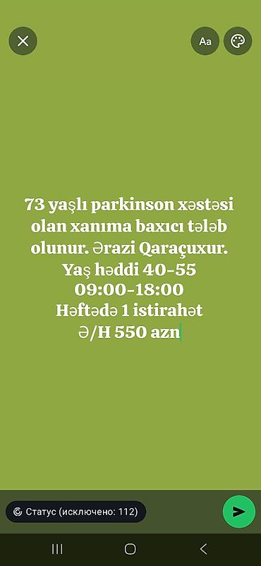 Əməkdaş axtarışı (vakansiyalar): Xəstə baxıcısı tələb olunur, 6/1, Aylıq ödəniş — 1
