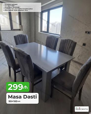 Məhsul: Masa dəsti - Ölçü: 90×160 sm - Stul sayı: 6 ədəd - Mexanizm