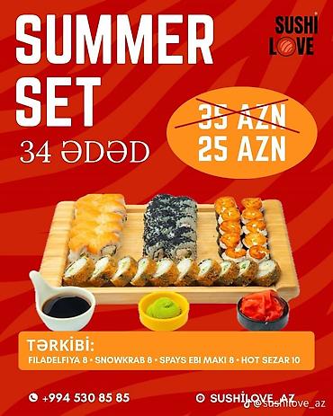hediyye paketi: Sushi setləri 1) Summer Set – 34 ədəd - Tərkibi: Filadelfiya 8 — 1