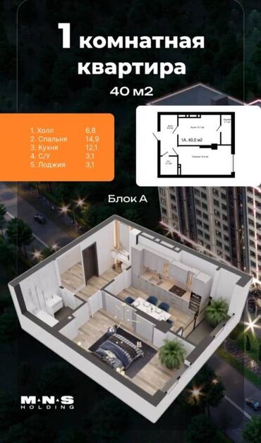 снять квартиру без риэлтора: 1 комната, 40 м², Элитка, 6 этаж, ПСО (под самоотделку)