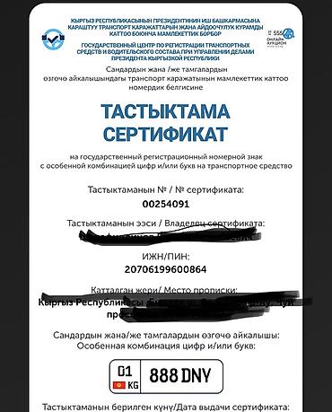 Внешний декор: Номерной знак формата Кыргызстан (KG), регион 01. Комбинация: 888 DNY — 2