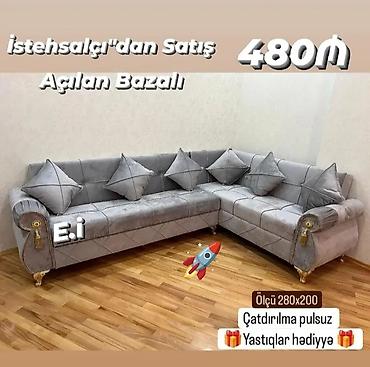 nur mobilya divan: Künc dəsti – açılan, bazalı model - Ölçü: 280 x 200 sm - Rəng: boz — 1