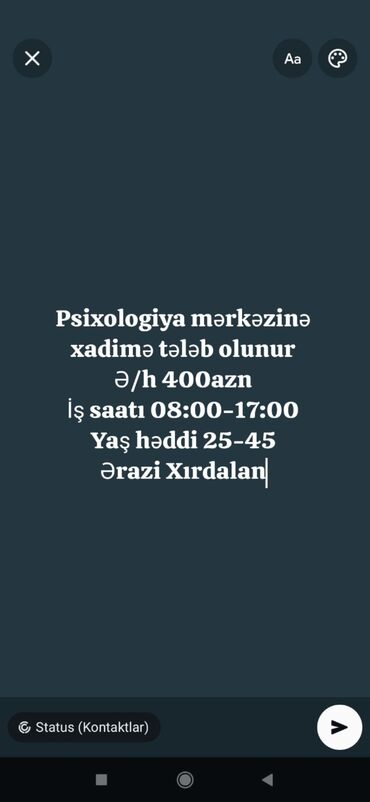 Bağbanlar: Psixologiya mərkəzi üçün xadimə axtarılır. - Əməkhaqqı: 400 AZN - İş