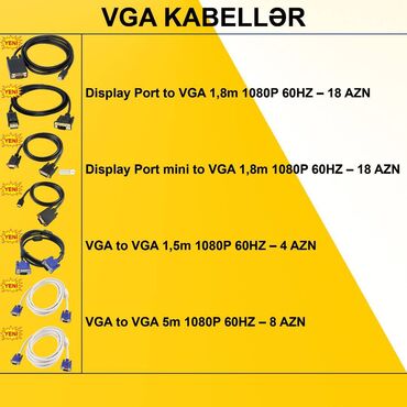 komputer cantası: VGA kabellər ⭐Display Port to VGA 1,8m 1080P 60HZ – 18 AZN ⭐Display