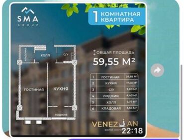 купить квартиру с последующим выкупом: 1 бөлмө, 60 кв. м, Элитка, 2 кабат, ПСО (өзү оңдоп түзөтүп бүтүү үчүн)