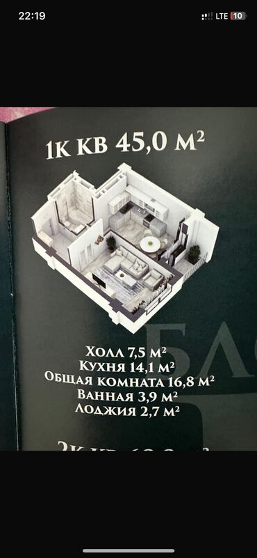 Продажа квартир: 1 комната, 45 м², Элитка, 13 этаж, ПСО (под самоотделку)