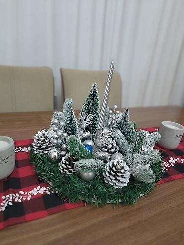 toy dekor: Yeni il temalı masa dekoru – şam kompozisiyası - Dairəvi yaşıl çələng — 1