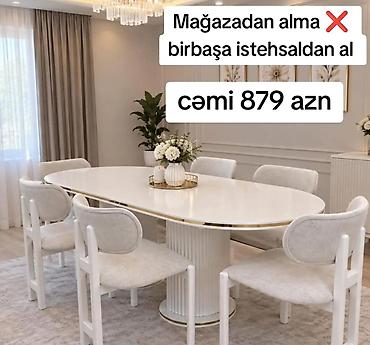 Ağ rəngli müasir yemək masası və 6 stuldan ibarət dəst. Oval formalı