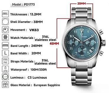 Ručni satovi: PAGANI DESIGN PD-1773 - 38mm - Plava - Seiko VH63 Potpuno nov muški — 8