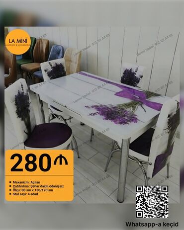 Divanlar: Mətbəx üçün, Açılan, Dördbucaq masa, 4 stul