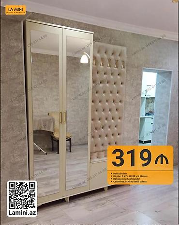 Ev üçün mebel: Dəhliz dolabı – güzgülü qapılar və yumşaq oturacaqlı asma bölmə ilə — 1