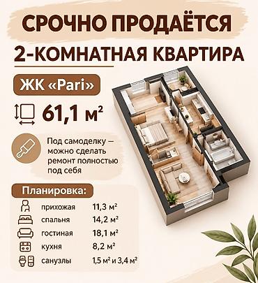 квартираы: 2-комнатная квартира в ЖК «Pari» Общая площадь: 61,1 м² Формат под — 1