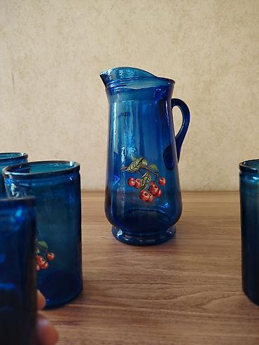 kompot: Mavi şüşə sürahi və 6 stəkandan ibarət dəst - Material: qalın — 4