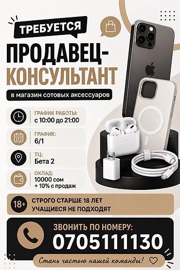Требуется Продавец-консультант График: Шестидневка, % от продаж, Полный рабочий день at lalafo.kg Требуется Продавец-консультант График: Шестидневка, % от продаж, Полный рабочий день