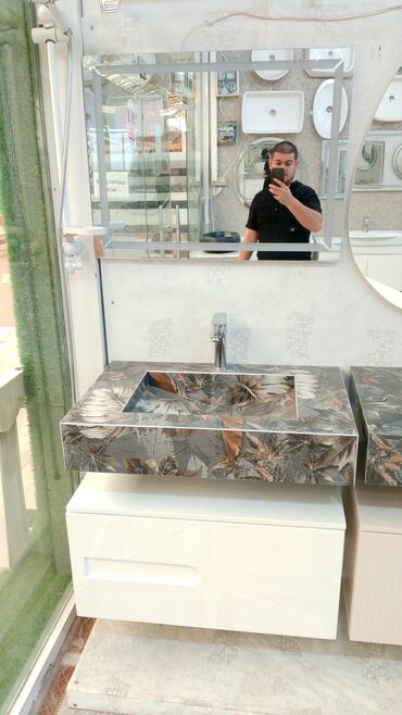 Hamam üçün aksessuarlar: Mərmər effektli konsol-lavabo modulu - Material: Parlaq səthli — 5