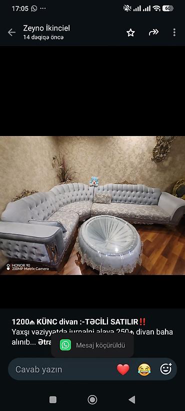 *1200₼ KÜNC divan :-TƏCİLİ SATILIR*‼️ Yaxşı vəziyyətdə jurnalni əlavə