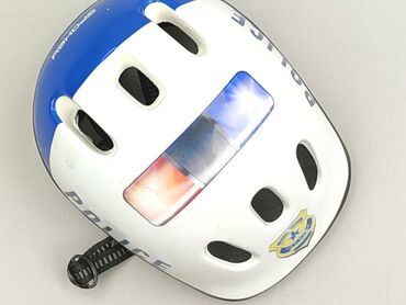 Kask rowerowy marki Spokey w kolorze białym z niebieskimi elementami i