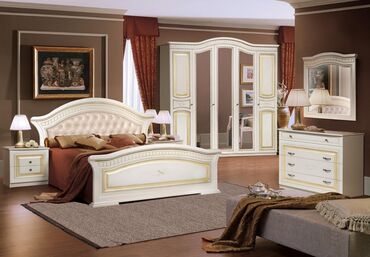 мебель в бишкеке: Спальный гарнитур, Двуспальная кровать, Шкаф, Комод, цвет - Бежевый, Новый