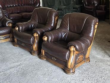 Stilske garniture: Kožni garnitur set – masivno drvo i prirodna koža - Sastav: trosed + — 8