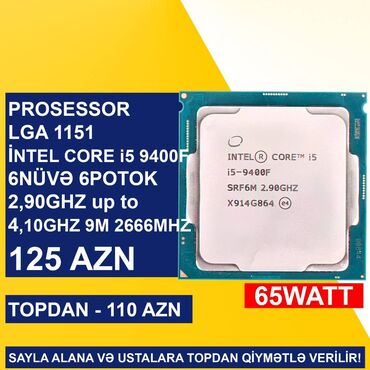 Мониторы: Процессор Intel Core i5 Prosessor “LGA 1151 (9cu nəsil) İntel Core i5 9400F”, 6 ядер, Б/у
