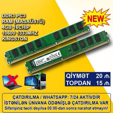 rama: Operativ yaddaş (RAM) Kingston, 4 GB, 1333 Mhz, DDR3, PC üçün, Yeni