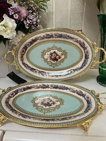 cay qabi: Nəcib dekorlu 2 ədəd oval server qabı dəsti - Material: porselen — 1