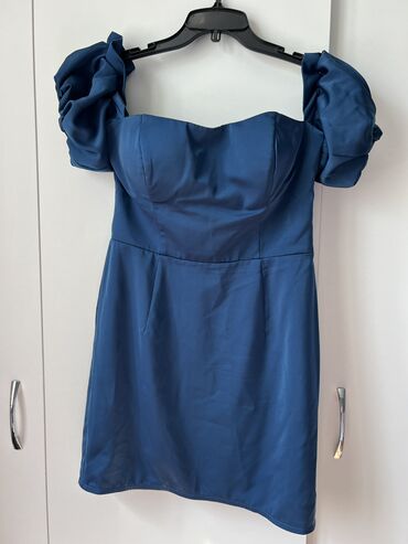 вечернее синее платье: Вечернее платье, Коктейльное, Короткая модель, Атлас, Без рукавов, Корсет, M (EU 38)