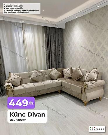 Divanlar: Künc Divan – 280×200 sm - Mexanizm: Açılan, bazalı (yataq funksiyası — 1