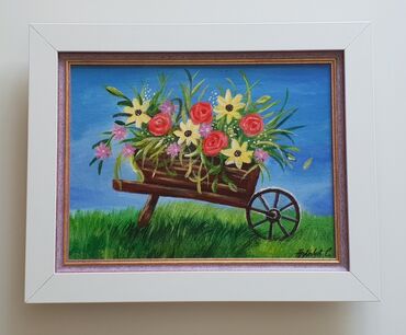 Kuća i bašta: Ulje na platnu Drvena kola sa cvecem, prelepo umetnicko delo. Slika je