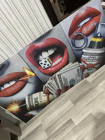 bez parca: Mövzu: 3 parçalı müasir divar tablo seti – “Red Lips & Money” — 3