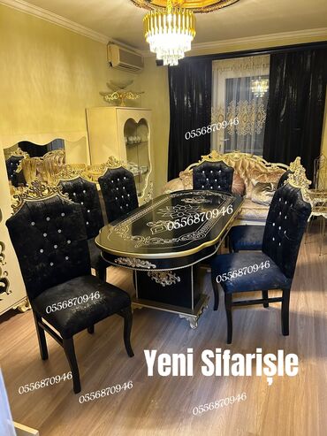 Masa və oturacaq dəstləri: Qonaq otağı üçün, Yeni, Açılmayan, Dördbucaq masa, 6 stul — 6