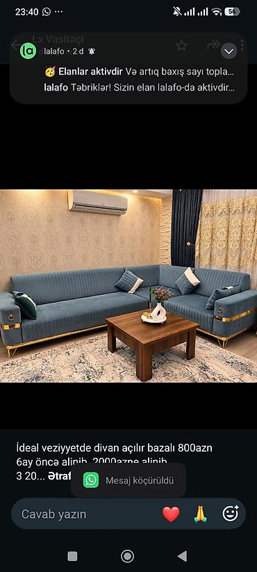 İdeal veziyyetde divan açılır bazalı 800azn 6ay öncə alinib. 2000azne