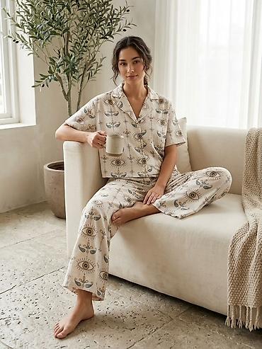 vecerni paltar: Qadın pijama dəsti – köynək və şalvar - Dizayn: Bej fon üzərində — 2
