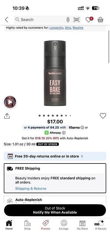 vimax sprey: Məhsul: Huda Beauty Easy Bake Setting Spray Həcm: 1.01 oz / 30 ml — 1