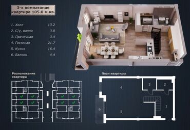 Продажа квартир: 3 комнаты, 105 м², Элитка, 5 этаж, ПСО (под самоотделку)