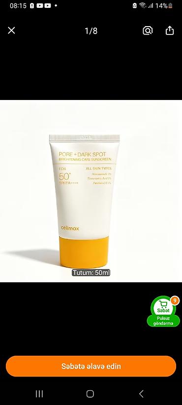 saviz krem: Məhsul: Celimax Pore + Dark Spot Brightening Care Sunscreen Həcm: 50 — 1