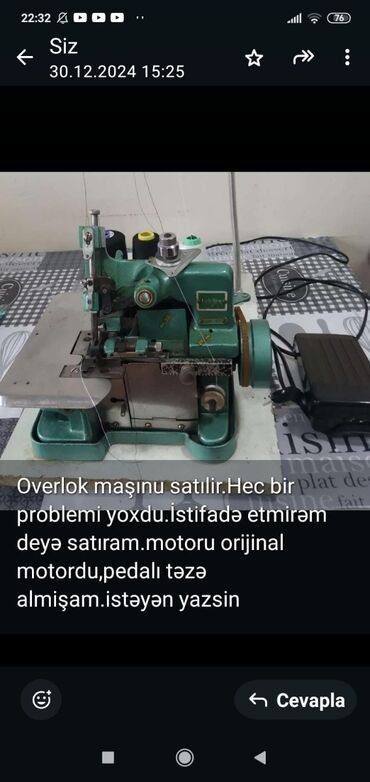 Tikiş maşınları: Tikiş maşını Çin, İşlənmiş,Overlok, 3 saplı, Ödənişli çatdırılma