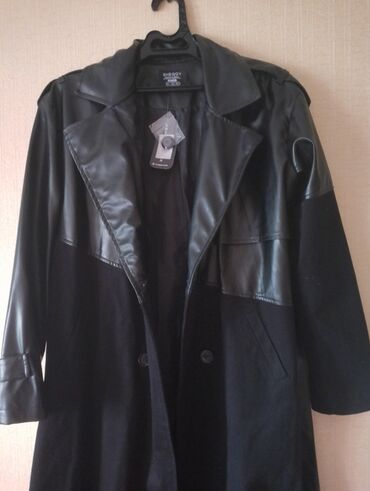 черный пальто: Пальто, Осень-весна, Эко кожа, Длинная модель, Без подкладки, L (EU 40)