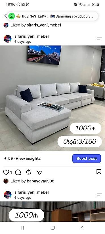 Divanlar: Künc divan – açıq boz rəngdə, müasir minimal dizayn. - Ölçü: 3/160 — 1