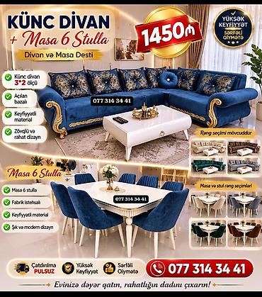 Masa və oturacaq dəstləri: Masa və 6 stul dəsti – Xmd • Komplekt: 1 yemək masası + 6 ədəd stul — 94