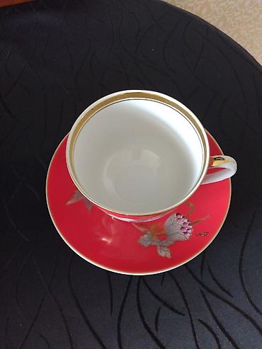 cawka: Çay dəsti, rəng - Qırmızı, Farfor, SSRİ — 3