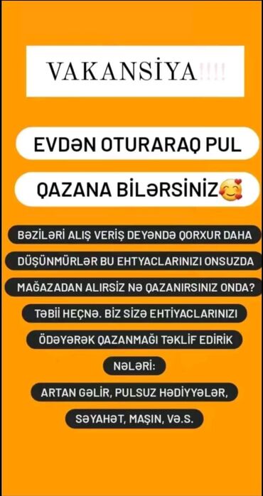 Satış üzrə menecerlər: Satış meneceri tələb olunur, Yalnız qadınlar üçün, İstənilən yaş, Təcrübəsiz, Saatlıq ödəniş