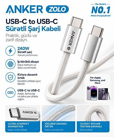 ANKER Zolo USB‑C to USB‑C Sürətli Şarj Kabeli - 240W sürətli şarj lalafo.az -da ANKER Zolo USB‑C to USB‑C Sürətli Şarj Kabeli - 240W sürətli şarj