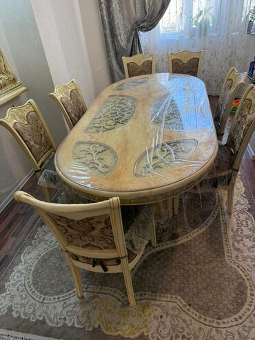 кухонные стулья: Qonaq otağı üçün, İşlənmiş, Açılmayan, Oval masa, 8 stul