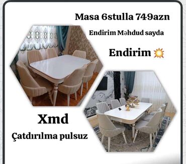 Masa və oturacaq dəstləri: Qonaq otağı üçün, Yeni, Açılan, Dördbucaq masa, 6 stul