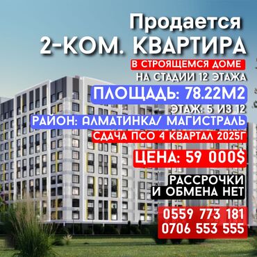 квартира баялинова: 2 бөлмө, 78 кв. м, Элитка, 5 кабат